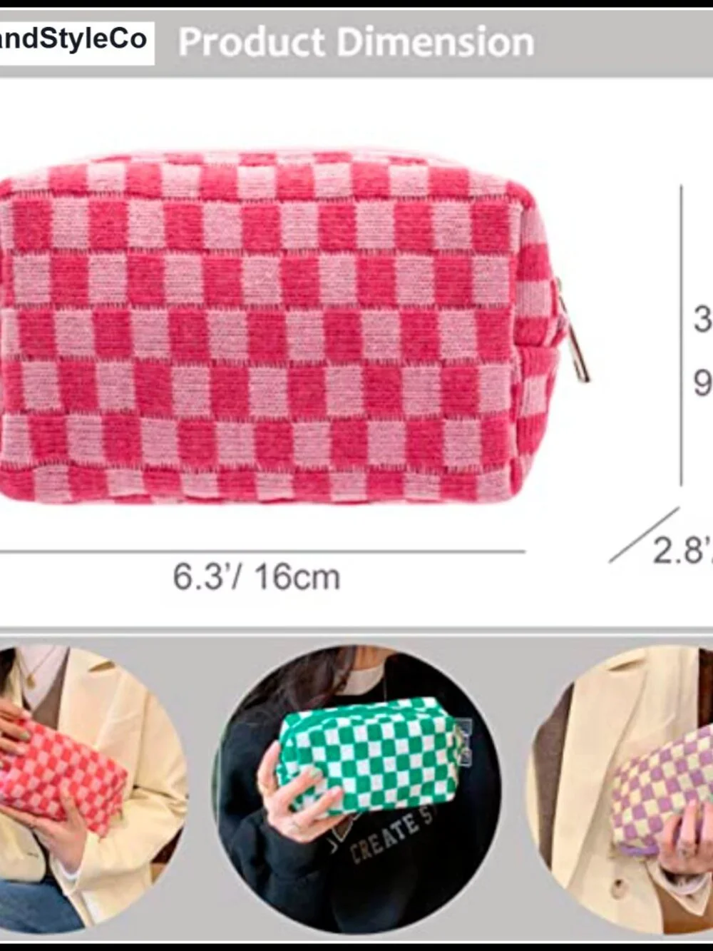 Checkered Makeup Bag Portable Zipper Cosmetic Pouch Travel Case